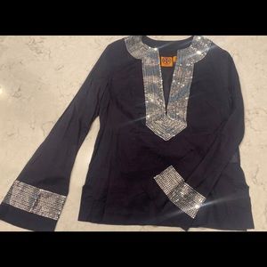 Tory Burch sheer navy cotton tunic 4 sequins